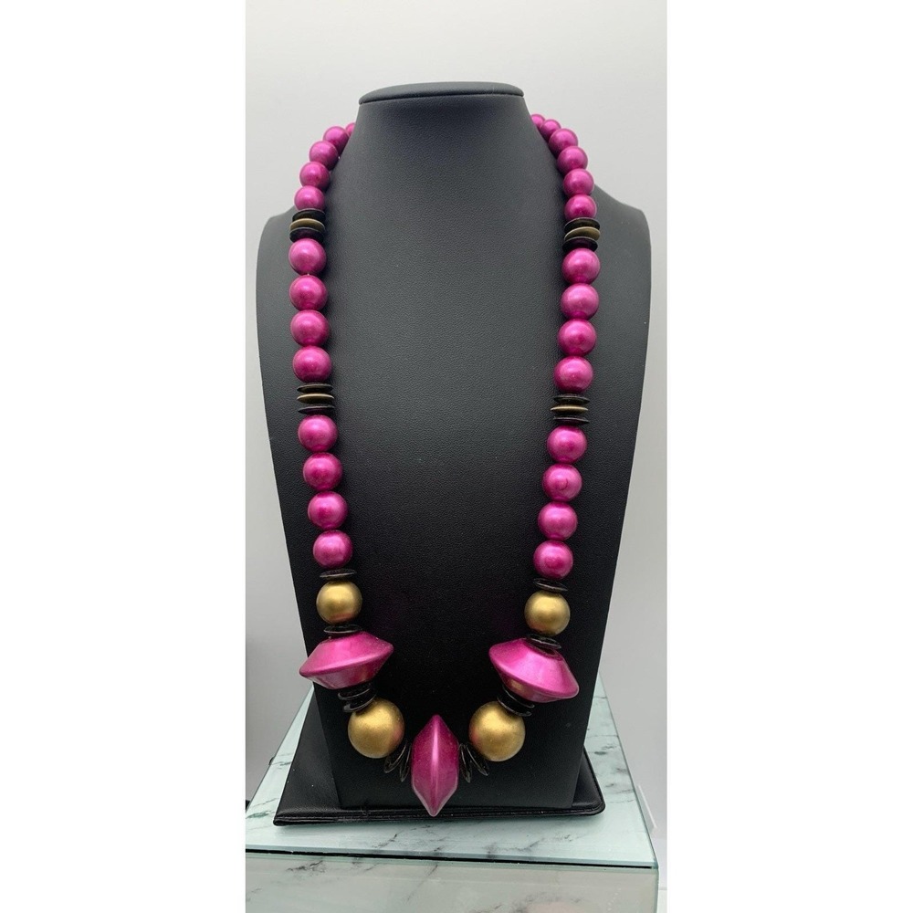 Vintage New Old Stock Made In Hong Kong Chunky Purple & Gold Necklace 22"